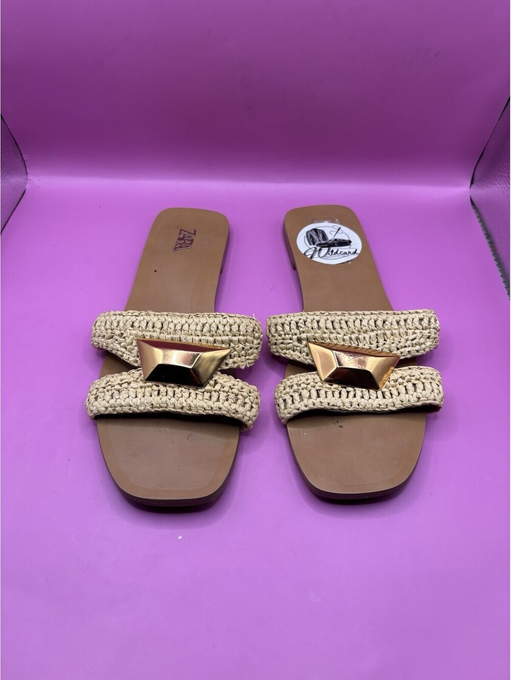 Zara Women's Beige Crochet Slide Sandals with Gold Accent
